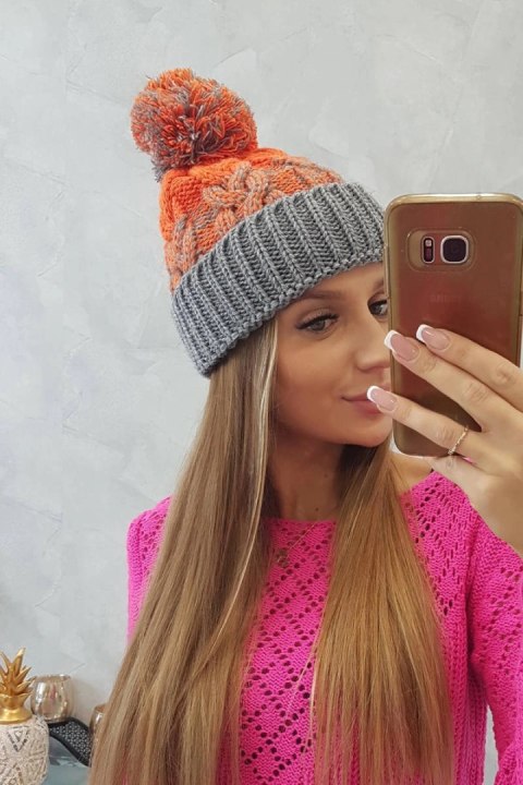Czapka damska z pomponem Abigail K326 szary+pomarańczowy neon Czapka damska z pomponem Abigail K326 szary+pomarańczowy neon