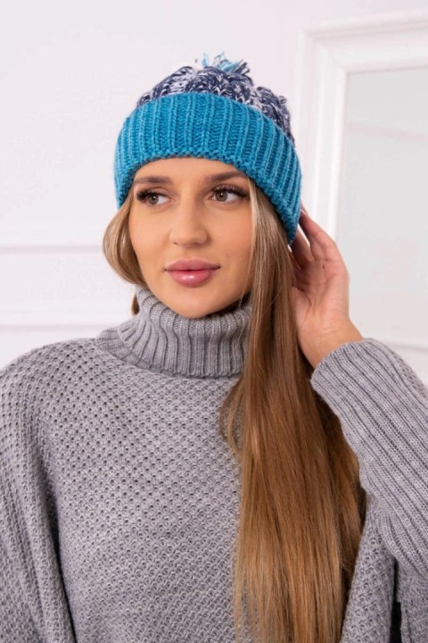 Czapka damska z pomponem Abigail K326 turkusowy+granatowy+biały  
