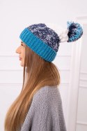 Czapka damska z pomponem Abigail K326 turkusowy+granatowy+biały  