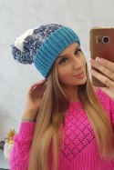 Czapka damska z pomponem Abigail K326 turkusowy+granatowy+biały  