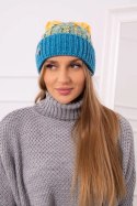 Czapka damska z pomponem Abigail K326 turkusowy+żółty  