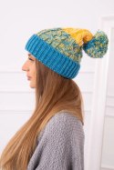 Czapka damska z pomponem Abigail K326 turkusowy+żółty  