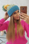 Czapka damska z pomponem Abigail K326 turkusowy+żółty  