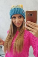 Czapka damska z pomponem Abigail K326 turkusowy+żółty  
