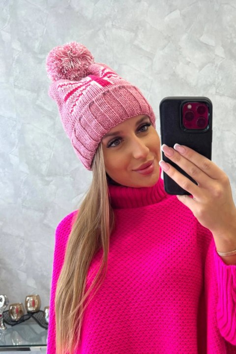 Czapka damska z pomponem Elizabeth K386 ciemno różowa  