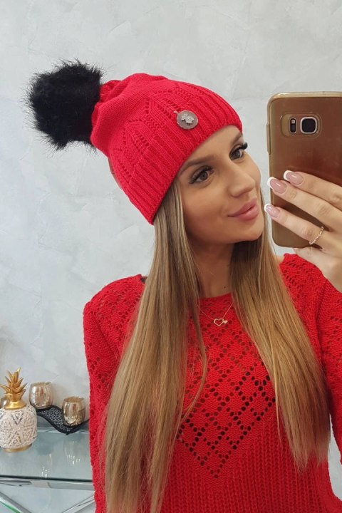 Czapka damska z pomponem Judyta K347 czerwona  