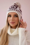 Czapka damska z pomponem Rosa K368 bordowy+biały+beżowy  