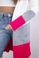 Sweter Kardigan w pasy malinowy+ecru  