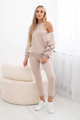 Komplet 3-częściowy bluza + top + legginsy jasny beżowy  