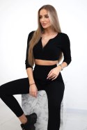 Komplet prążkowany krótki top czarny  