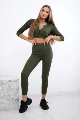 Komplet prążkowany krótki top khaki  