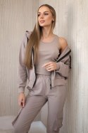 Komplet 3 w 1 bluza + top + spodnie ciemny beżowy  