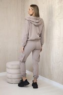 Komplet 3 w 1 bluza + top + spodnie ciemny beżowy  