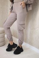 Komplet 3 w 1 bluza + top + spodnie ciemny beżowy  