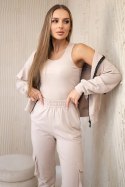 Komplet 3 w 1 bluza + top + spodnie jasny beżowy  