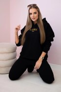 Komplet bawełniany ocieplany bluza z haftem + spodnie czarny  