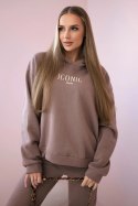 Komplet bawełniany ocieplany bluza z haftem + spodnie mocca  