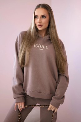 Komplet bawełniany ocieplany bluza z haftem + spodnie mocca  