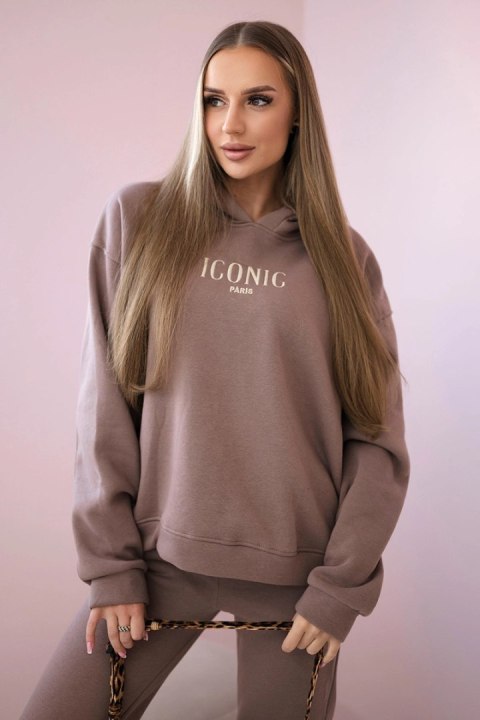 Komplet bawełniany ocieplany bluza z haftem + spodnie mocca  