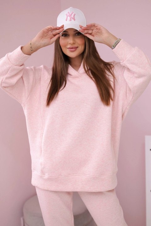 Komplet ocieplany z bluzą z kapturem pudrowy róż melanż  