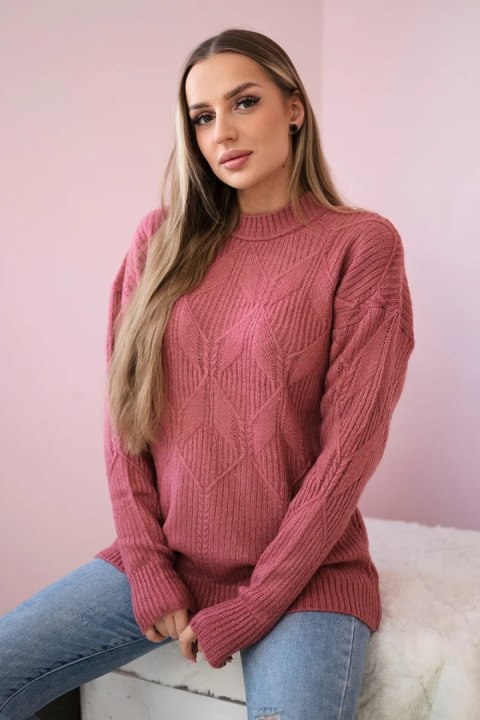 Sweter wkładany przez głowę z modnym splotem ciemno różowy Sweter wkładany przez głowę z modnym splotem ciemno różowy