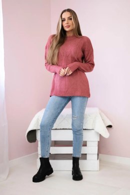 Sweter wkładany przez głowę z modnym splotem ciemno różowy  