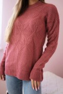 Sweter wkładany przez głowę z modnym splotem ciemno różowy  