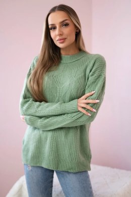 Sweter wkładany przez głowę z modnym splotem ciemny miętowy  