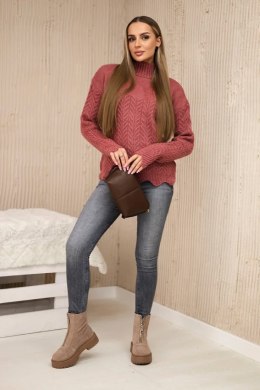 Sweter z ozdobną falbanką ciemny różowy  