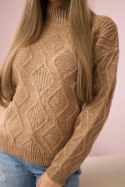 Sweter z ozdobnym splotem camelowy  