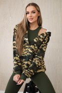 Komplet 3-częściowy moro bluza, top i legginsy khaki + beżowy  