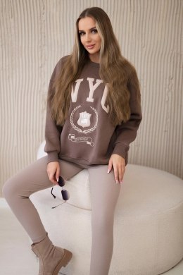 Komplet bawełniany bluza ocieplana + legginsy brązowy  