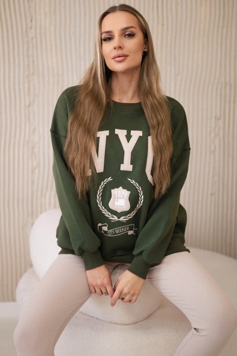 Komplet bawełniany bluza ocieplana + legginsy khaki  