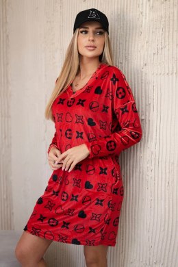 Sukienka welurowa z ozdobnym wzorem czerwona  