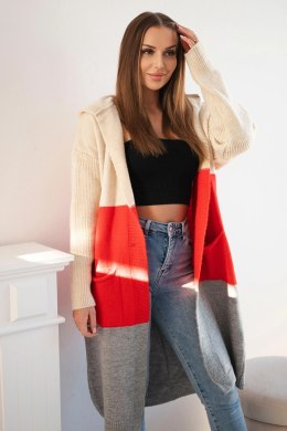 Sweter Kardigan z kapturem w pasy beżowy+czerwony+szary  