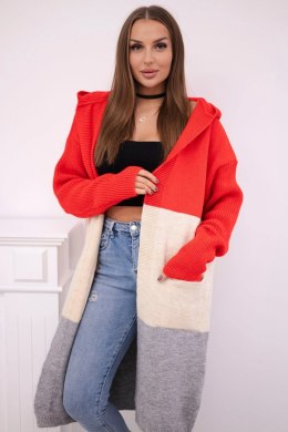 Sweter Kardigan z kapturem w pasy czerwony + beżowy + szary  