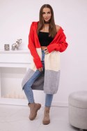 Sweter Kardigan z kapturem w pasy czerwony + beżowy + szary  