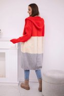 Sweter Kardigan z kapturem w pasy czerwony + beżowy + szary  