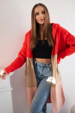 Sweter Kardigan z kapturem w pasy czerwony+camelowy+pudrowy róż  