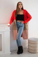 Sweter Kardigan z kapturem w pasy czerwony+camelowy+pudrowy róż  