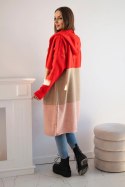Sweter Kardigan z kapturem w pasy czerwony+camelowy+pudrowy róż  