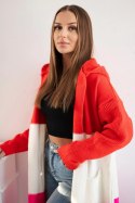 Sweter Kardigan z kapturem w pasy czerwony+ecru+różowy neon  