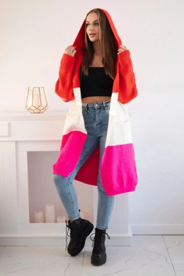Sweter Kardigan z kapturem w pasy czerwony+ecru+różowy neon  