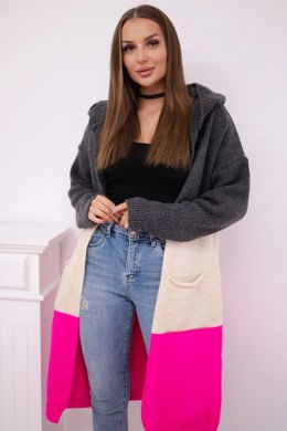 Sweter Kardigan z kapturem w pasy grafitowy+beżowy+różowy neon  