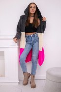 Sweter Kardigan z kapturem w pasy grafitowy+beżowy+różowy neon  