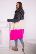 Sweter Kardigan z kapturem w pasy grafitowy+beżowy+różowy neon  
