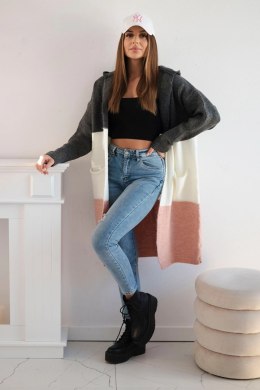 Sweter Kardigan z kapturem w pasy grafitowy+ecru+pudrowy róż  