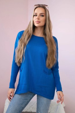 Sweter z kieszeniami z przodu chabrowy  