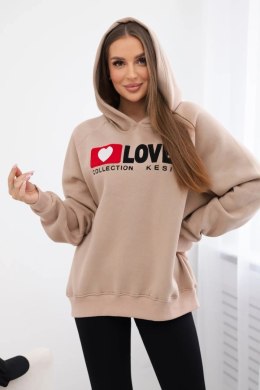Bluza bawełniana ocieplana z kapturem Love ciemno beżowa  