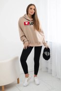 Bluza bawełniana ocieplana z kapturem Love ciemno beżowa  
